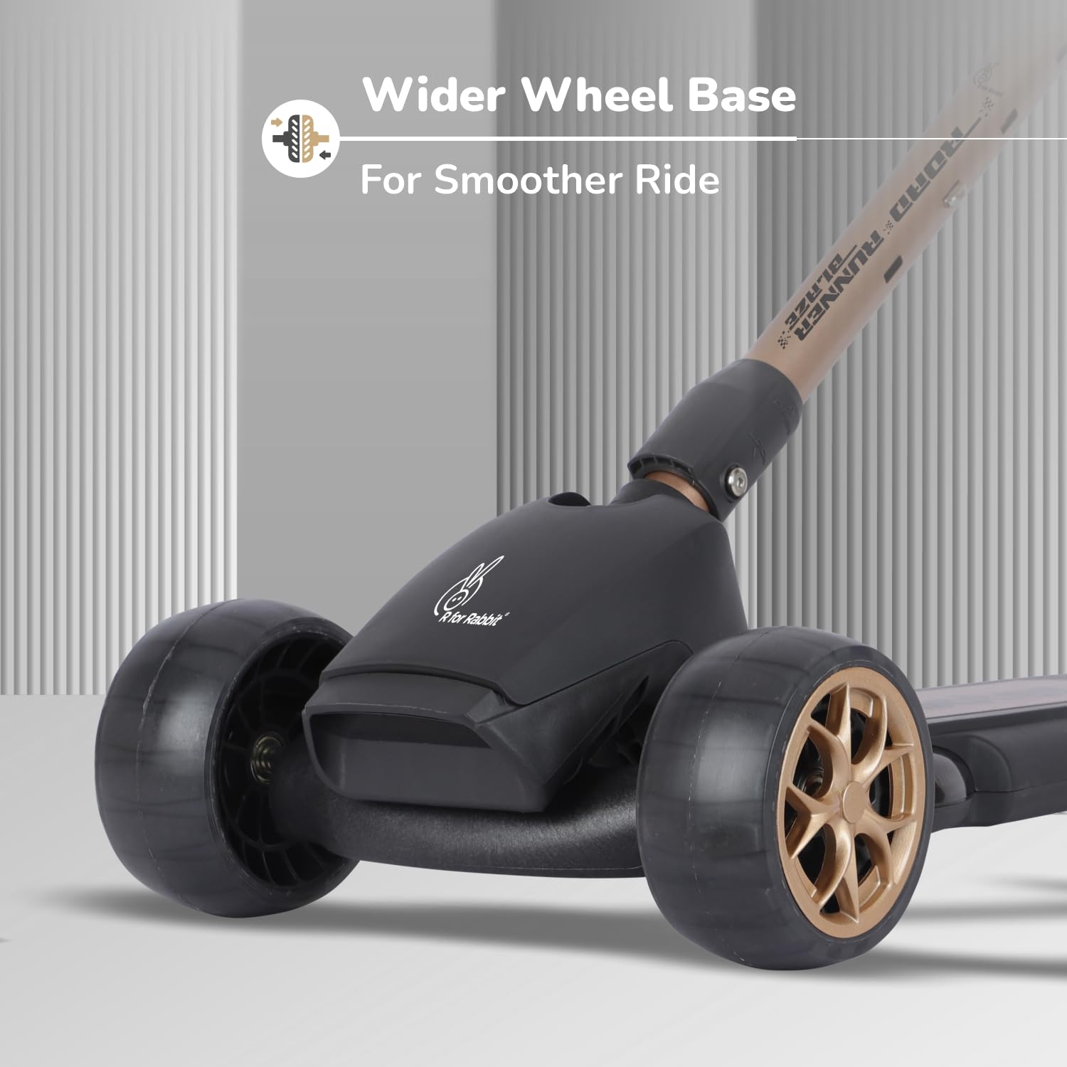 "The R for Rabbit Road Runner Blaze, a premium foldable 3-wheel kick scooter for children, presented in a sleek dark grey with stylish gold wheel accents. This scooter boasts durable PU LED light-up wheels, 4 adjustable height levels to grow with your child, and integrated light & music features for an enhanced riding experience. Available at Usmile Toys." www.usmile toys